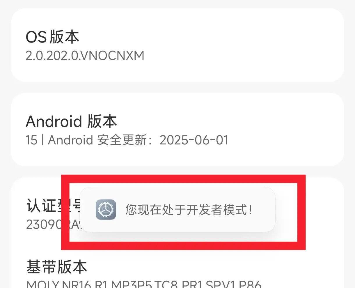 连续点击版本号后出现开发者模式提示